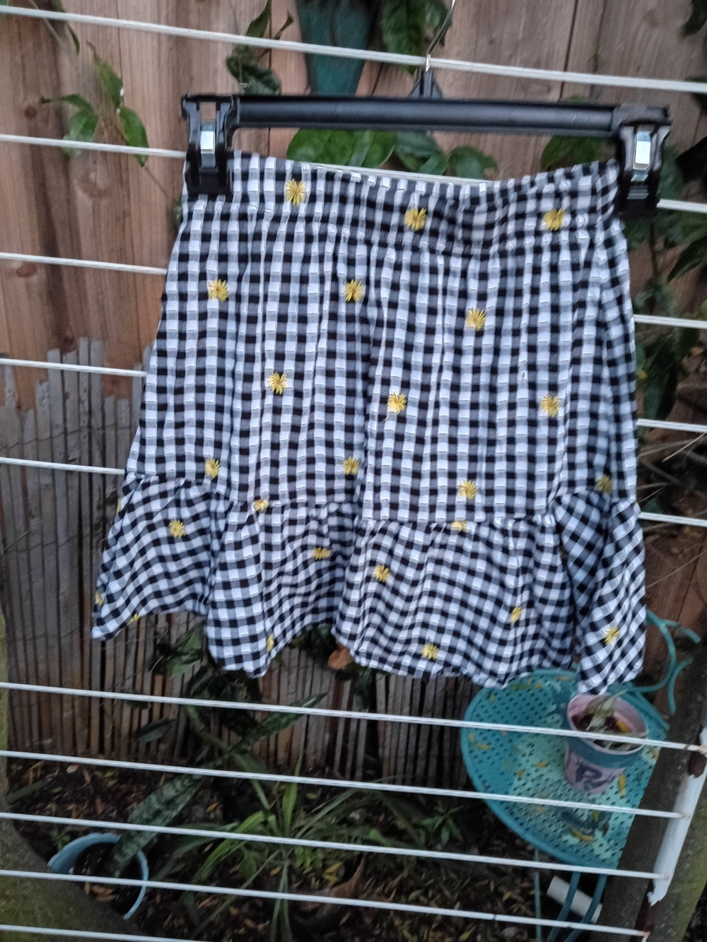 Old Navy Black and White Gingham Skirt with Yellow Flower Embroidery